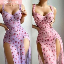 Sexy Womens Sleeveless Mesh Floral Dress Long Maxi Bodycon High Split Summer