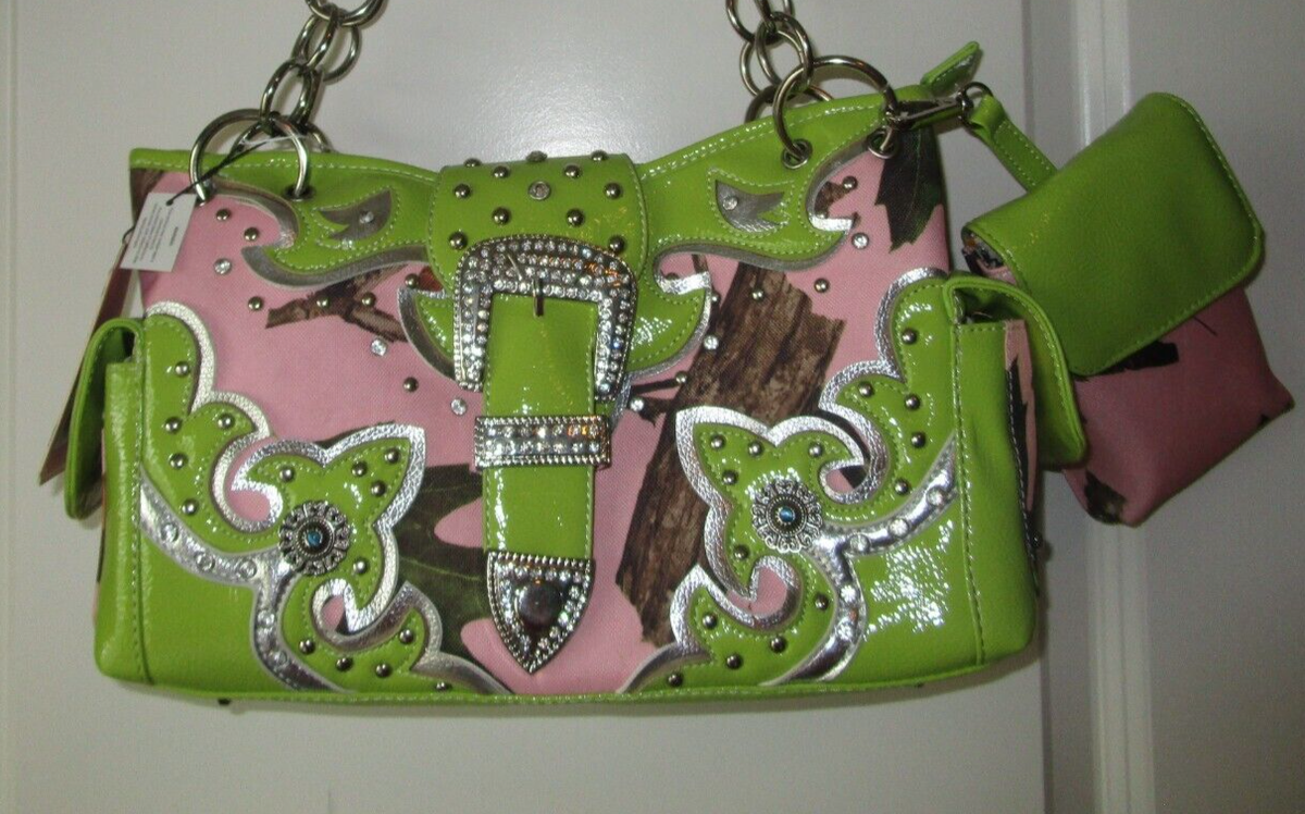LIME GREEN PINK CAMO BLING BUCKLE HANDBAG DETACHABLE POUCH