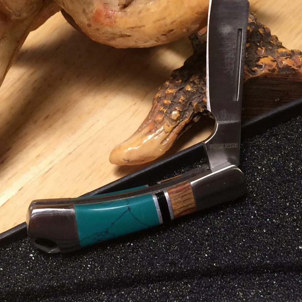 Rough Ryder 2" Tiny Razor Turquoise/Brown Wood Pocketknife w/Lanyard Hole RR1474 - Image 2 of 4