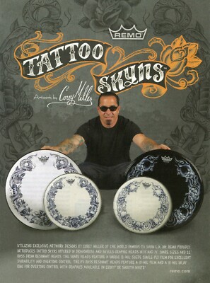 2010 Print Ad of Remo Tattoo Skyns Drumheads by Corey Miller of LA Ink