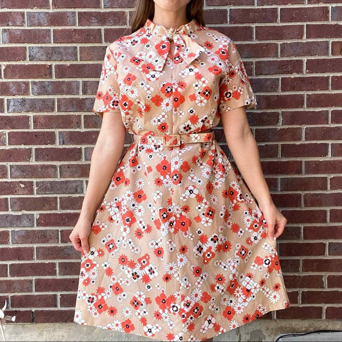 Vintage retro 60s/70s belted floral tie neck fit flare dress small medium |  eBay