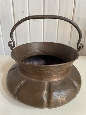 Antique Hammered Copper Cauldron Melon Shape Ribbed Body Forged Metal Handle