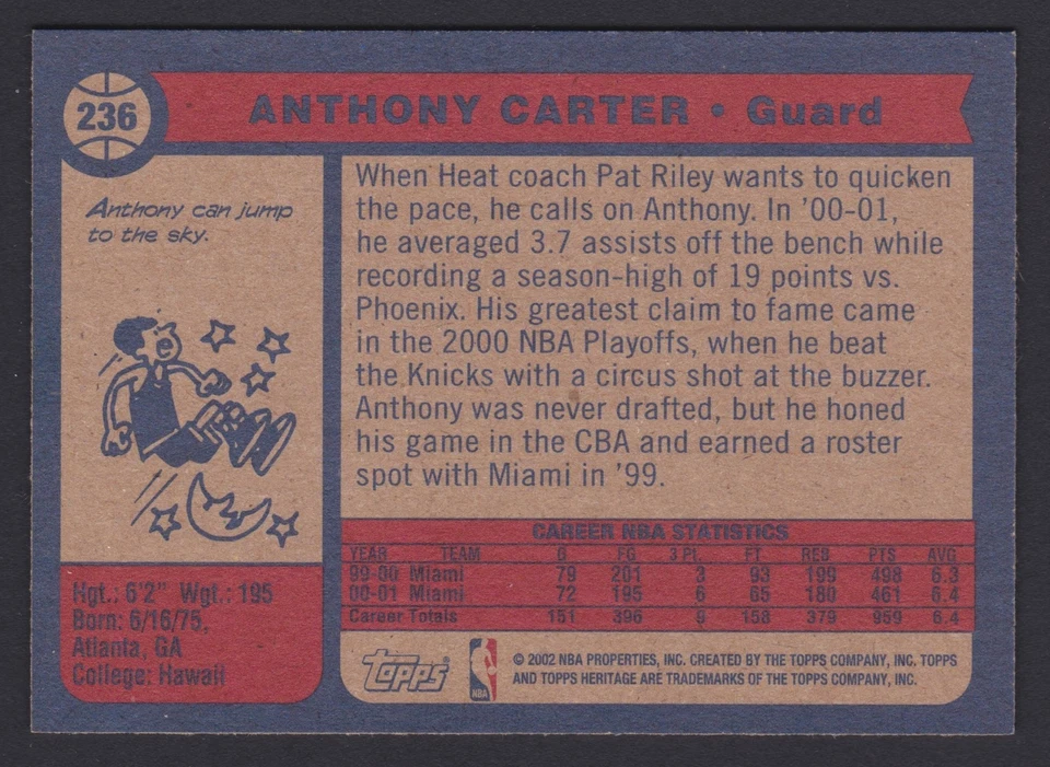 2001-02 Topps Heritage - Anthony Carter #236 (A) - Image 2 of 2