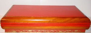 Mystery Antique Chinese Wooden Lacquer & Red Painted Box - Carved Gilded Scroll