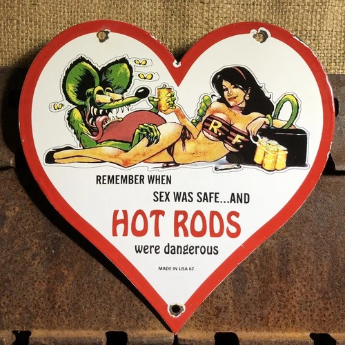 VINTAGE 1962 DATED RAT FINK HOT ROD 12” PORCELAIN SAFE SEX CAR GAS OIL SIGN