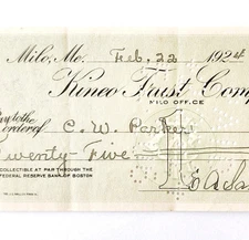 1924 Kineo Trust Company Bank Check E.A. Sampson Milo Maine Signed Feb 22 CHX4