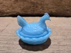 Antique Portieux Vallerysthal 3" Blue Milk Glass Hen On Nest Salt Cellar