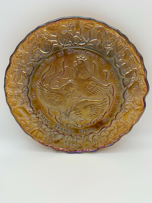 Imperial Glass Twelve Days of Christmas Three French Hens Amber Carnival Plate
