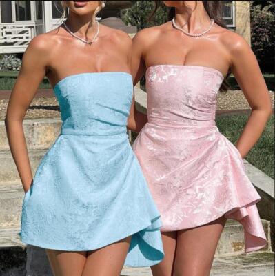 Womens 2024 Fashion Jacquard Strapless Short Flared Irregular Evening Dress NWON