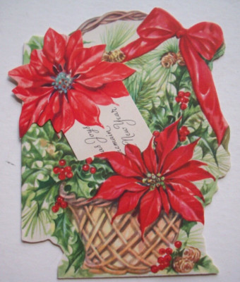 Basket of poinsettia w book marker vintage Christmas greeting card *NN23