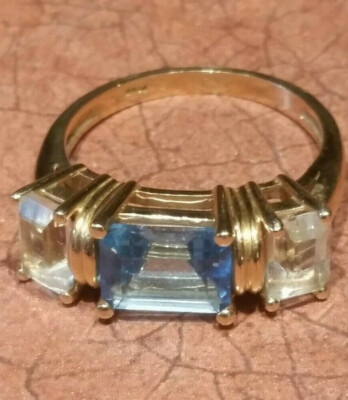 SOLID 14K PLUMB PLUM YELLOW GOLD EMERALD CUT WHITE & BLUE TOPAZ Ring Size  6 