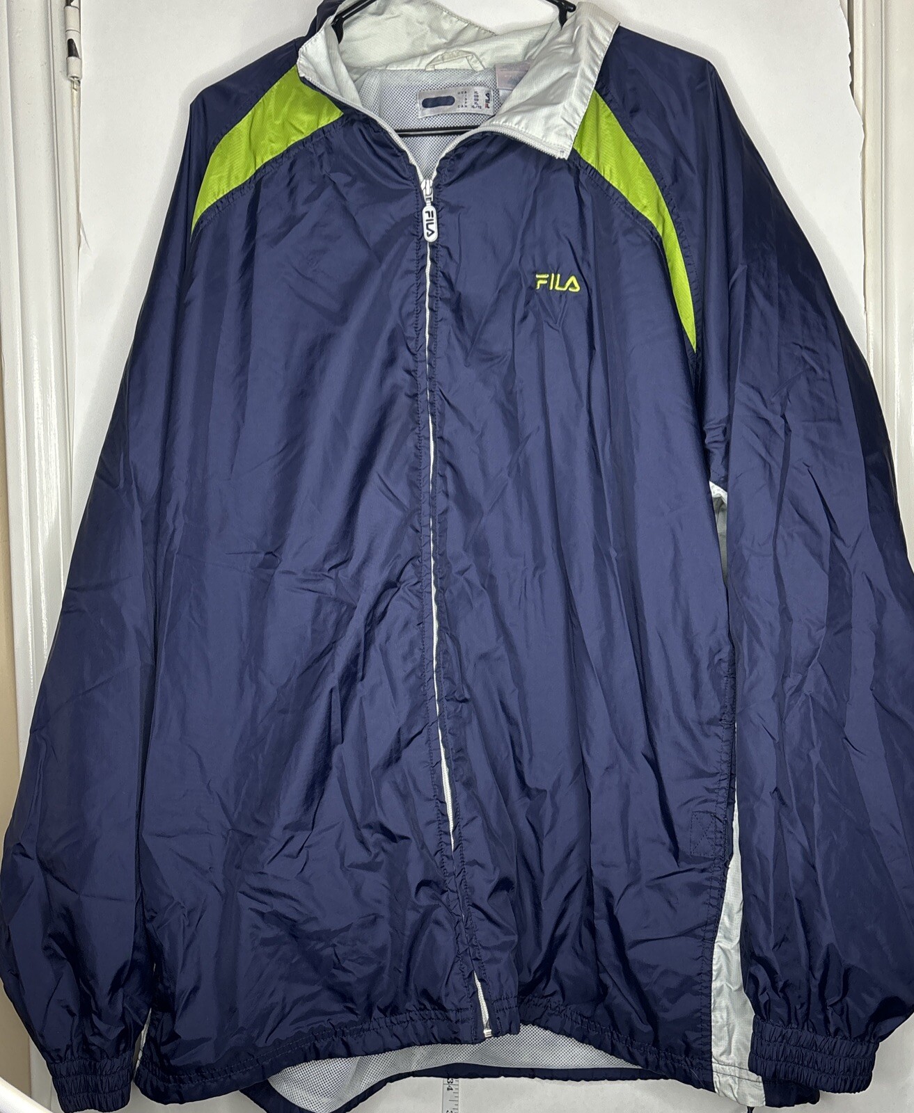 Giacca a vento uomo XL Fila pista atletica anni 90 blu navy con accento verde acido vintage