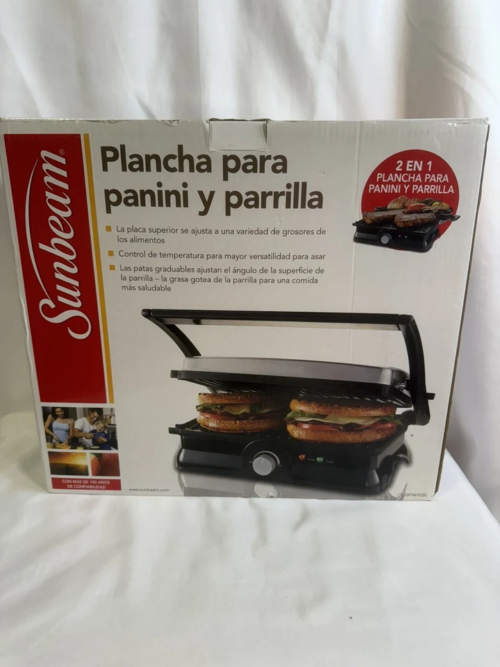 Sunbeam Panini Fabricante Y Parrilla Nueva Caja Abierta Ajustable Placa Superior Temperatura Y Pies Foto 4 de 4