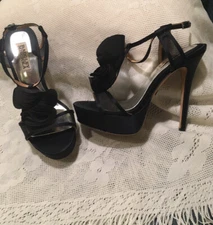 Badgely Mischa Black Party Strappy Stiletto Heels With Rosettes 7 EUC