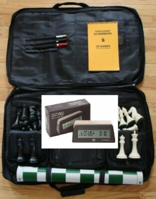 4'' Heavy Chess Pieces Board Bag Digital Clock DGT 1002 Bonus Game Timer Set