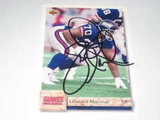 N.Y.GIANTS 2X SUPER BOWL CHAMPION LEONARD MARSHALL AUTOGRAPHED CARD COA FREE S&H