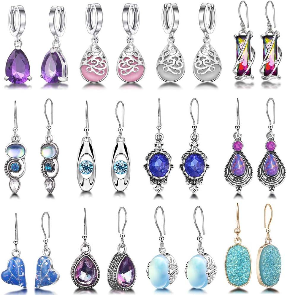 12 Pairs Teardrop Druse Crystal Drop Dangle Earrings for Women Cubic Zirconia Hu