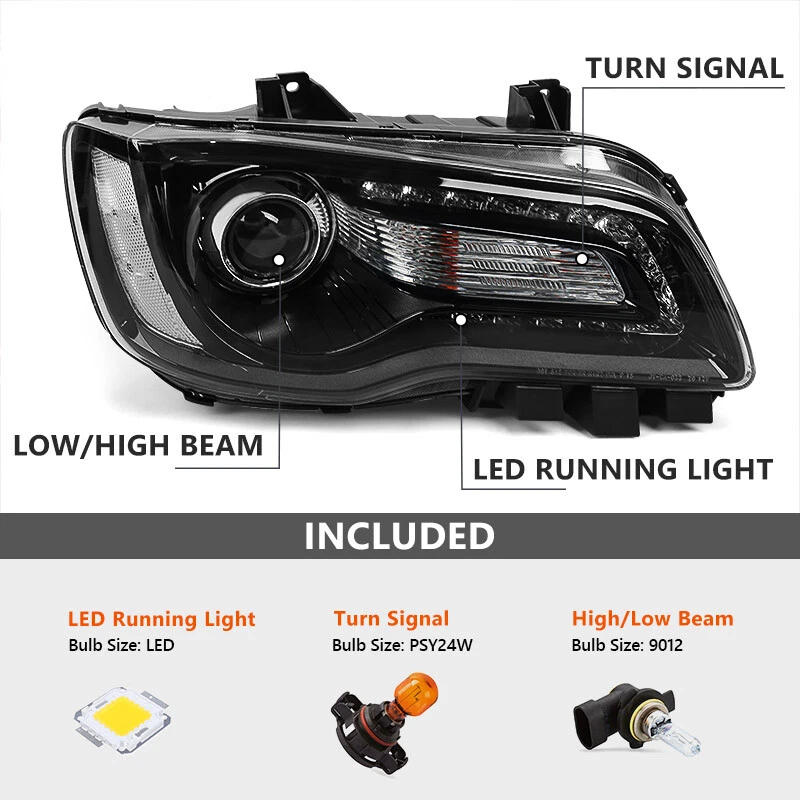 Halogen Black Projector DRL Headlight For Chrysler 300 2015-23 w/ Bulb Passenger Foto 2 de 4