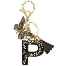 Initial Letter Keychain, Cute Butterfly Keychain with Tassel Letter P, Black