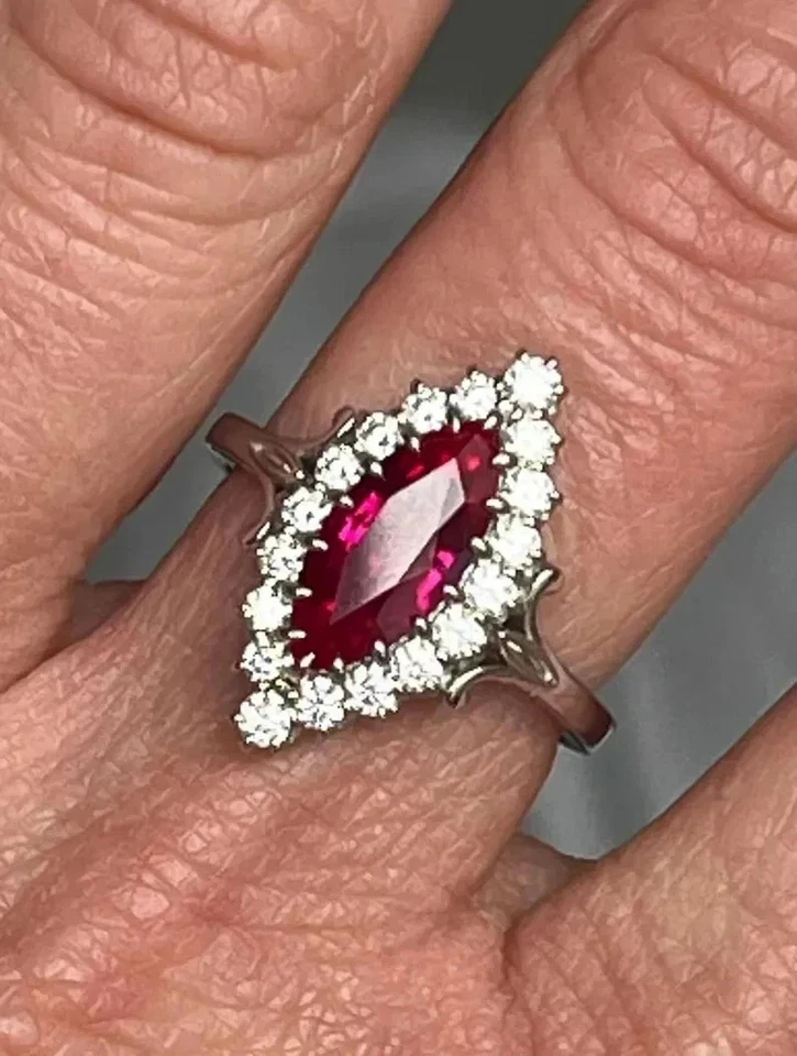 Marquise Cut 3.00 Ct Natural Ruby & Diamond Wedding Ring Solid 18K White Gold - Image 4 of 4