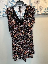 Women  s Black Floral V-Neck Romper Red, Yellow  Blue Accents Plus Size 1x