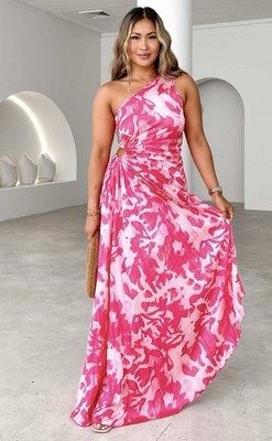 By Amica BNWT Size AU 16 US 12 One Shoulder Maxi Dress Pink Pattern Barbie 