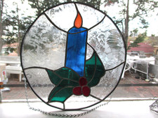 Stained Glass Suncatcher Christmas Holly Berry  Candle 12 " Hanging /Window