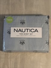 NAUTICA 1983 Crest Deckhand Pinstripe Anchor Blue Twin Sheet Set Easy Care RARE
