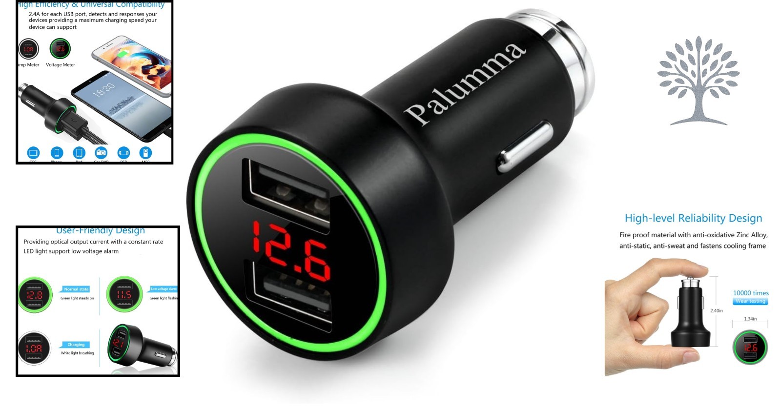 Elegant 24W Dual USB Car Charger with LCD Voltage Meter & LED Display - Black