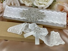 Wedding Garter Set Bridal White Swiss Dot Soft Stretch Lace Rhinestones Crystal