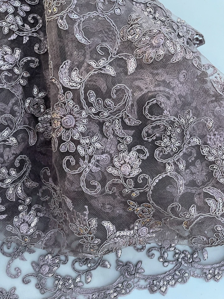 Sale! Mauve Embroidery Floral Pattern Sequined Cord Heavy Lace Fabric 44” x 54” - Image 3 of 4