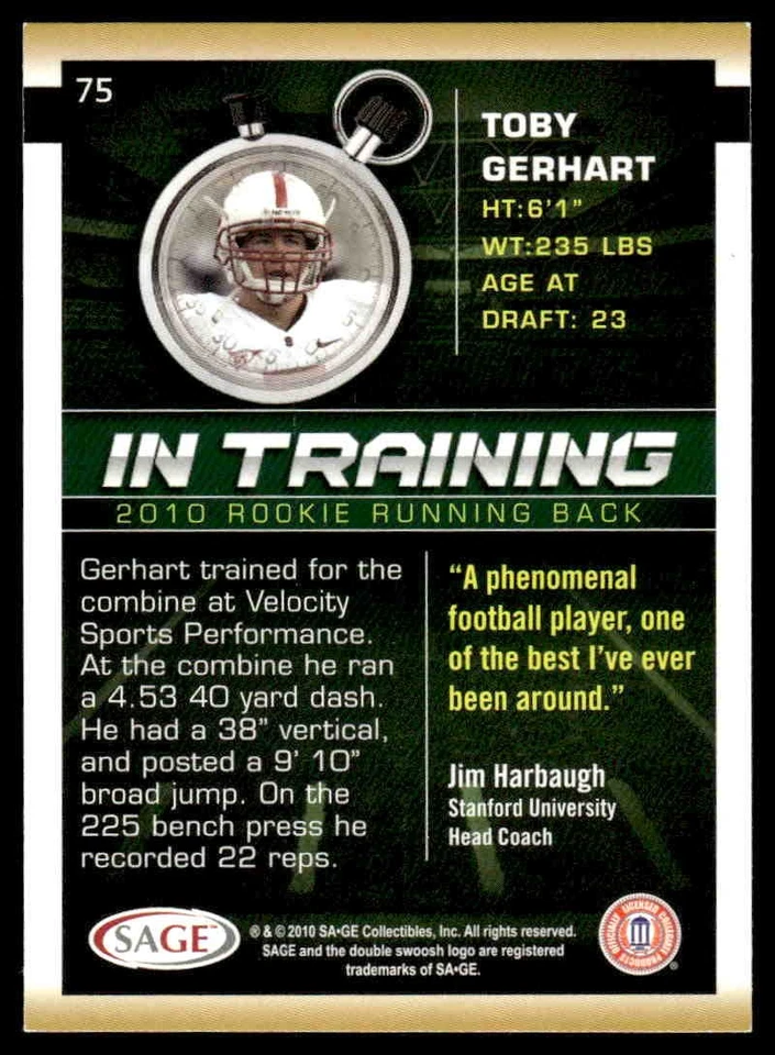 Toby Gerhart Signed Auto Autographed Card 2010 SAGE HIT #75 Stanford Cardinal - Image 2 of 2