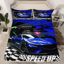 Kids Boys Girls Blue Race Car Bedding Set Twin, Sports Car Bed Sheet Set With...