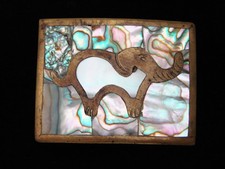 QH05158 VINTAGE 1970s  ELEPHANT  ABALONE SOUTHWESTERN DESIGN ART BELT BUCKLE