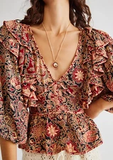House of Harlow 1960 Nicole Richie Boho Peasant Top L Paisley Ruffle Sleeve