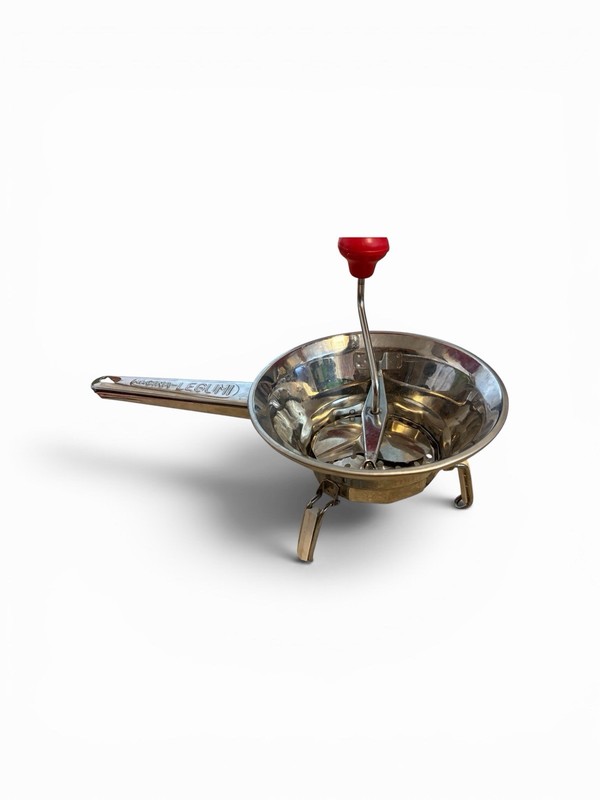 Vintage-style stainless steel food mill distinctive red knob on its crank handle
