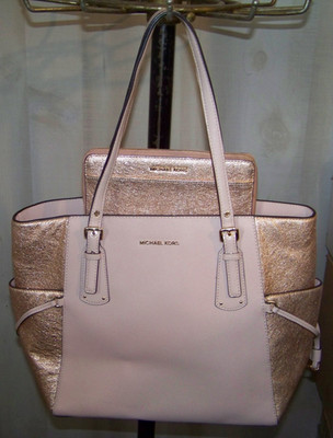 Michael Kors Jet Set Large Leather Travel Tote Bag Pink Shimmer with Wallet