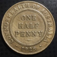 AUSTRALIA 1928  BRONZE  1/2 PENNY 96  YEAR HISTORIC COIN  FREE SHIPPING