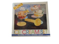 Vtg. Nos 9 Plastic Piece Ice Cream Set 4 Bowls 4 Butterfly Spoons 1 Scoop Pastel Vtg. Nos 9 Plastic Piece Ice Cream Set 4 Bowls 4 Butterfly Spoons 1 Scoop Pastel