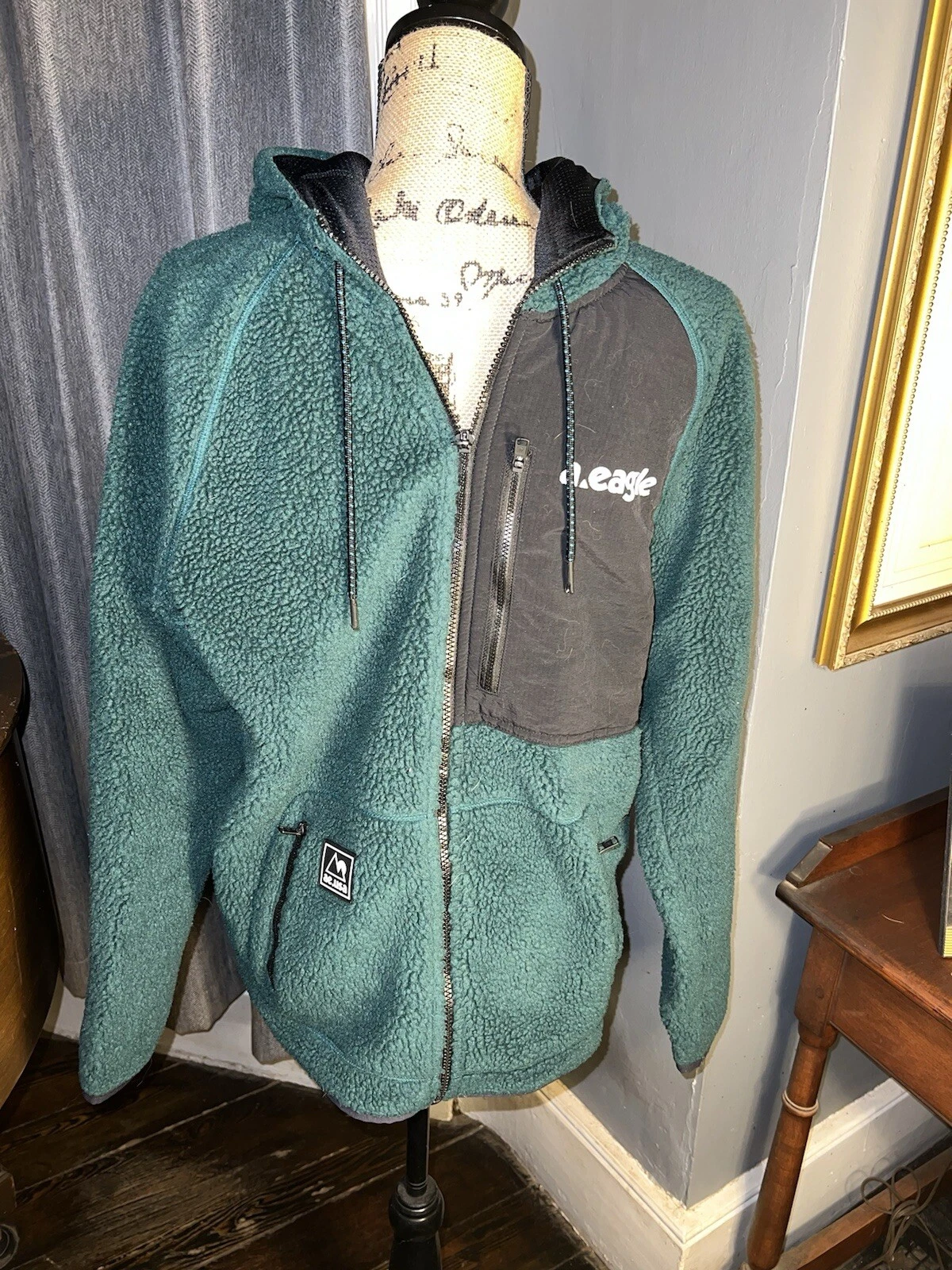 American Eagle Mens Hooded Zip Front 2 Pocket Fleece Jacket Green Medium