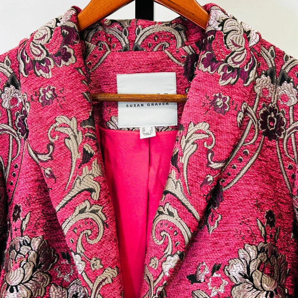 Blazer Susan Graver Jacquard Tapiz Talla 4 Rosa Negro Dorado Chaqueta de Un Botón Foto 3 de 4
