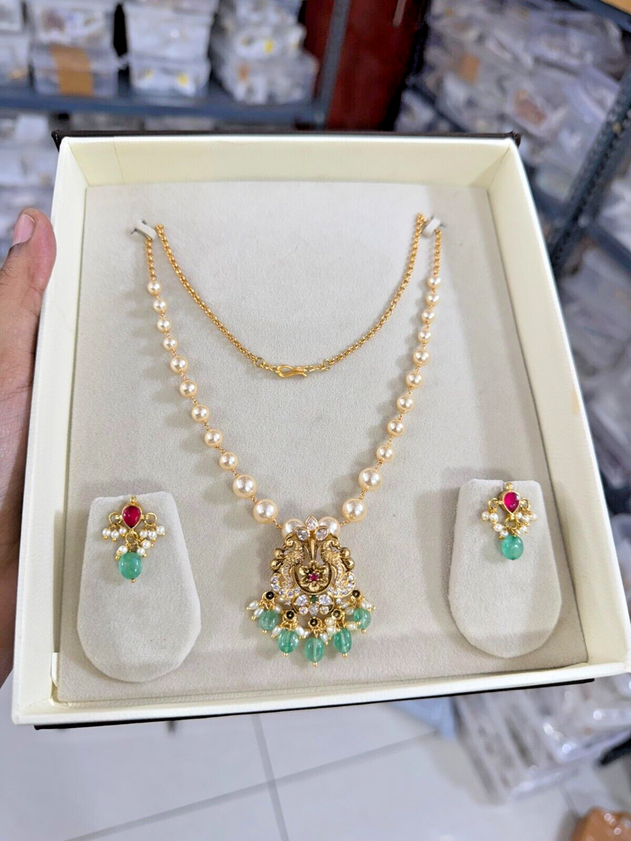 Gold Plated Pearl CZ Necklace South Indian Long Jewelry with