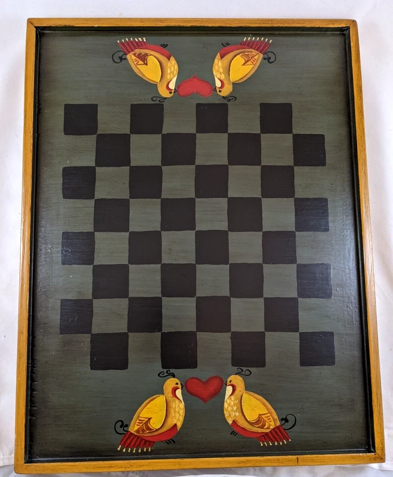Vintage Folk Art Game Board Checkerboard w/ Love Doves - Image 2 of 4