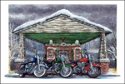 PAUL OXMAN HARLEY DAVIDSON CHRISTMAS CARDS #X743 HARLEYS SITTING IN FRONT OF GAS PUMPS (10)
