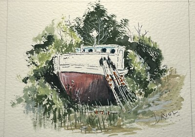 Original Watercolor Painting Old Retired Fishing Ship Boat 4x5'' Fine Art Davel