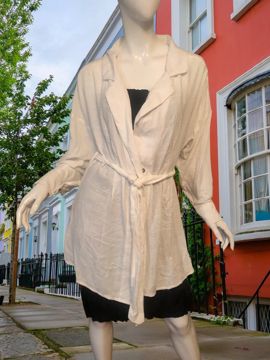 FREE PEOPLE White VISCOSE Textured Weave WRAP Tie BELTED TRENCH COAT Jacket S