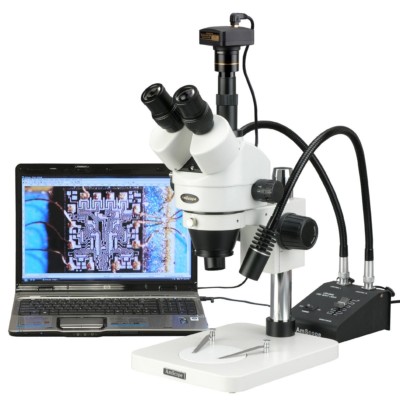 AmScope 3.5X-225X Zoom Stereo Microscope w Gooseneck LED Lights + 1.3MP Digital