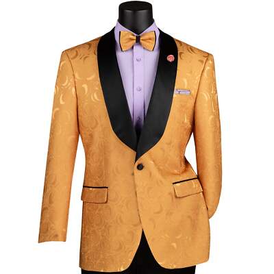 VINCI Men's Gold Floral Jacquard Shawl Collar Tuxedo Jacket w/ Bow Tie - NEW