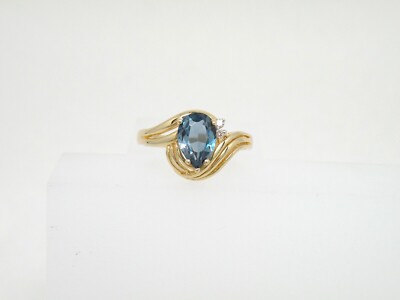 14 Karat Gelbgold, echter Blautopas in Birnenform, Diamantring, Größe 6,5