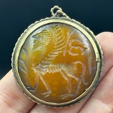 Very Old  Ancient Roman Animal With Wings Intaglio Agate Stone Bronze Pendent